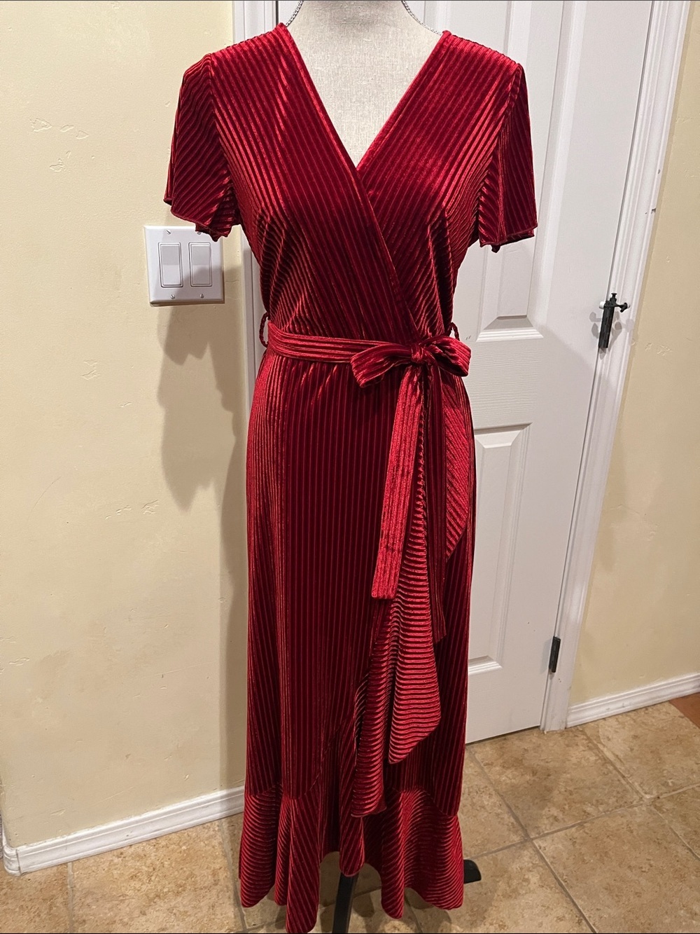 Simplee Apparel Cranberry Red Velvet Wrap Maxi Dress